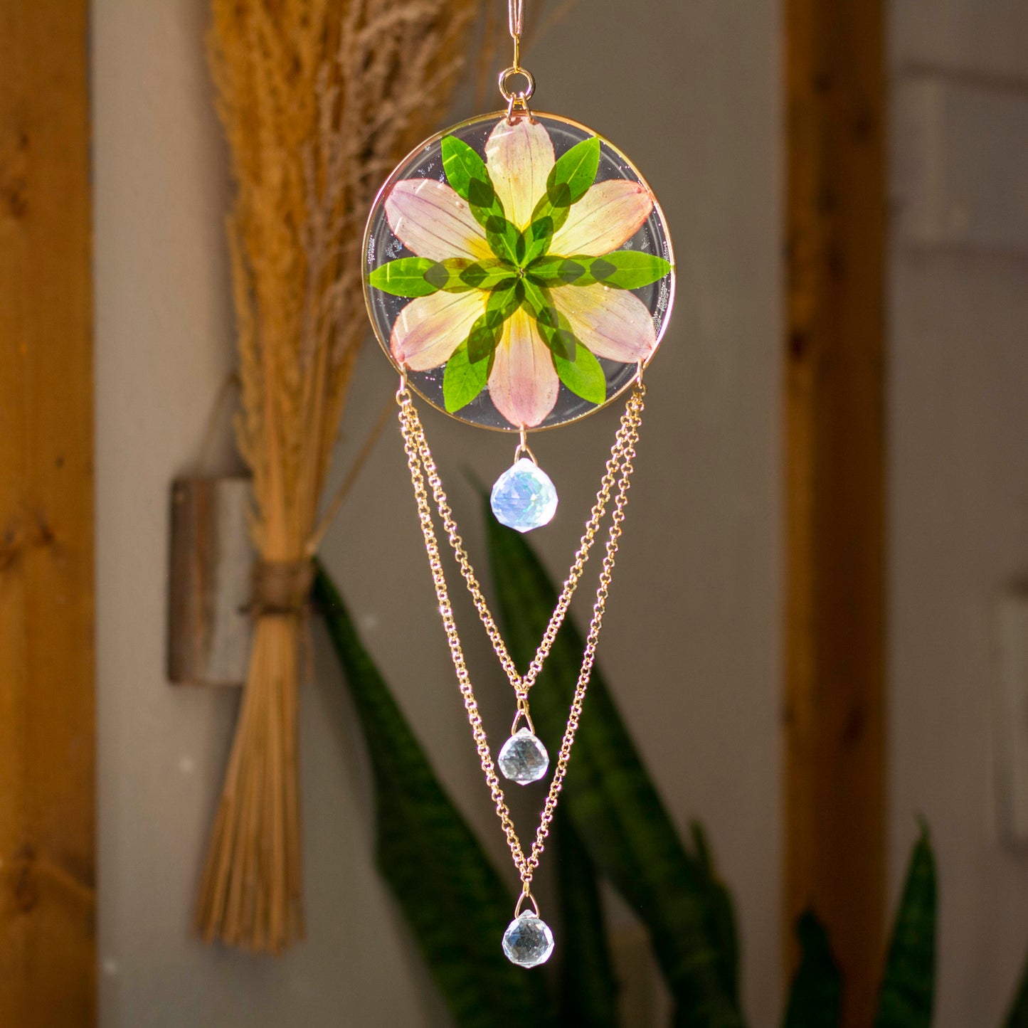 Sun Catcher - 4" Beaded Dahlia & Vinca Leaf