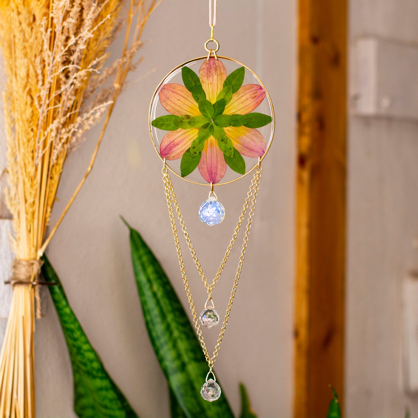 Sun Catcher - 4" Beaded Dahlia & Vinca Leaf