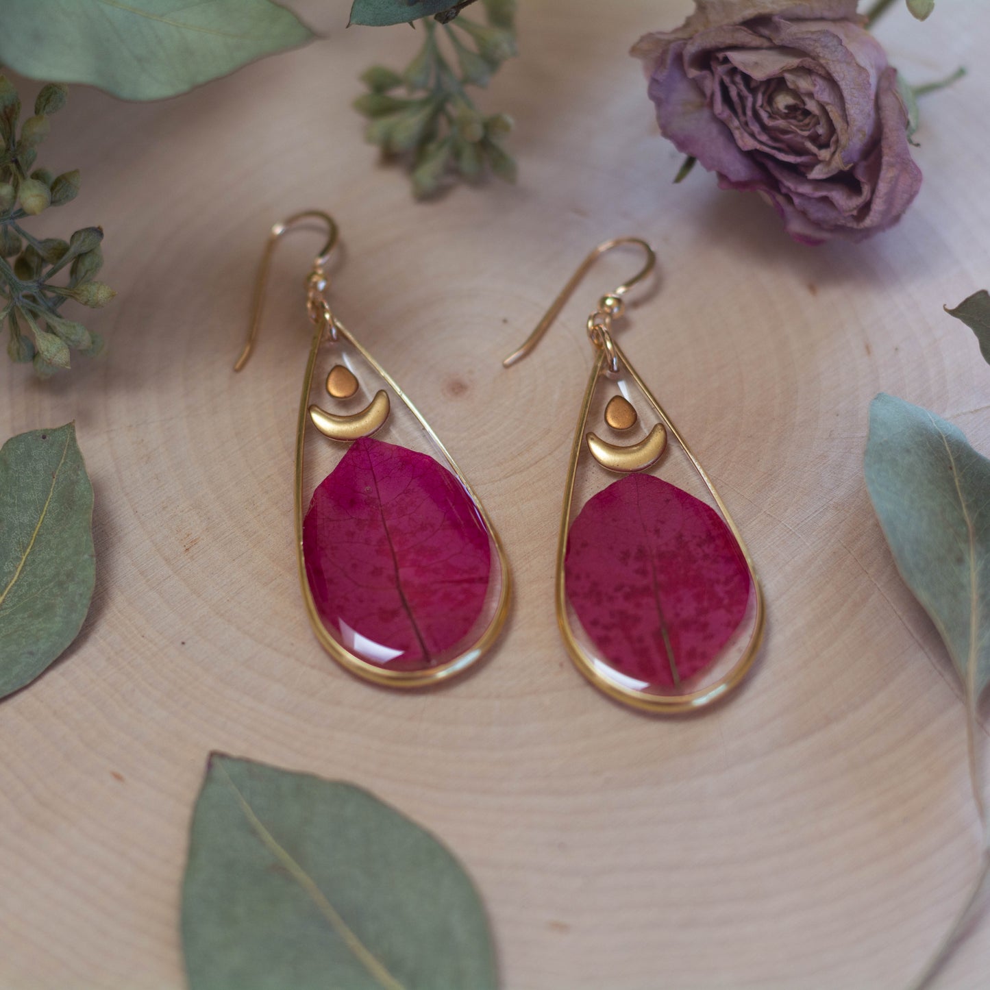 Bougainvillea & Moon Earrings - Large