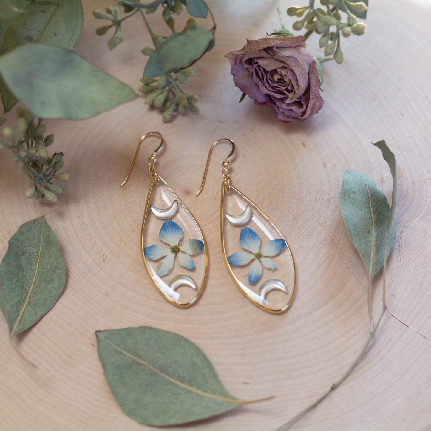 Hydrangea & Moon Earrings