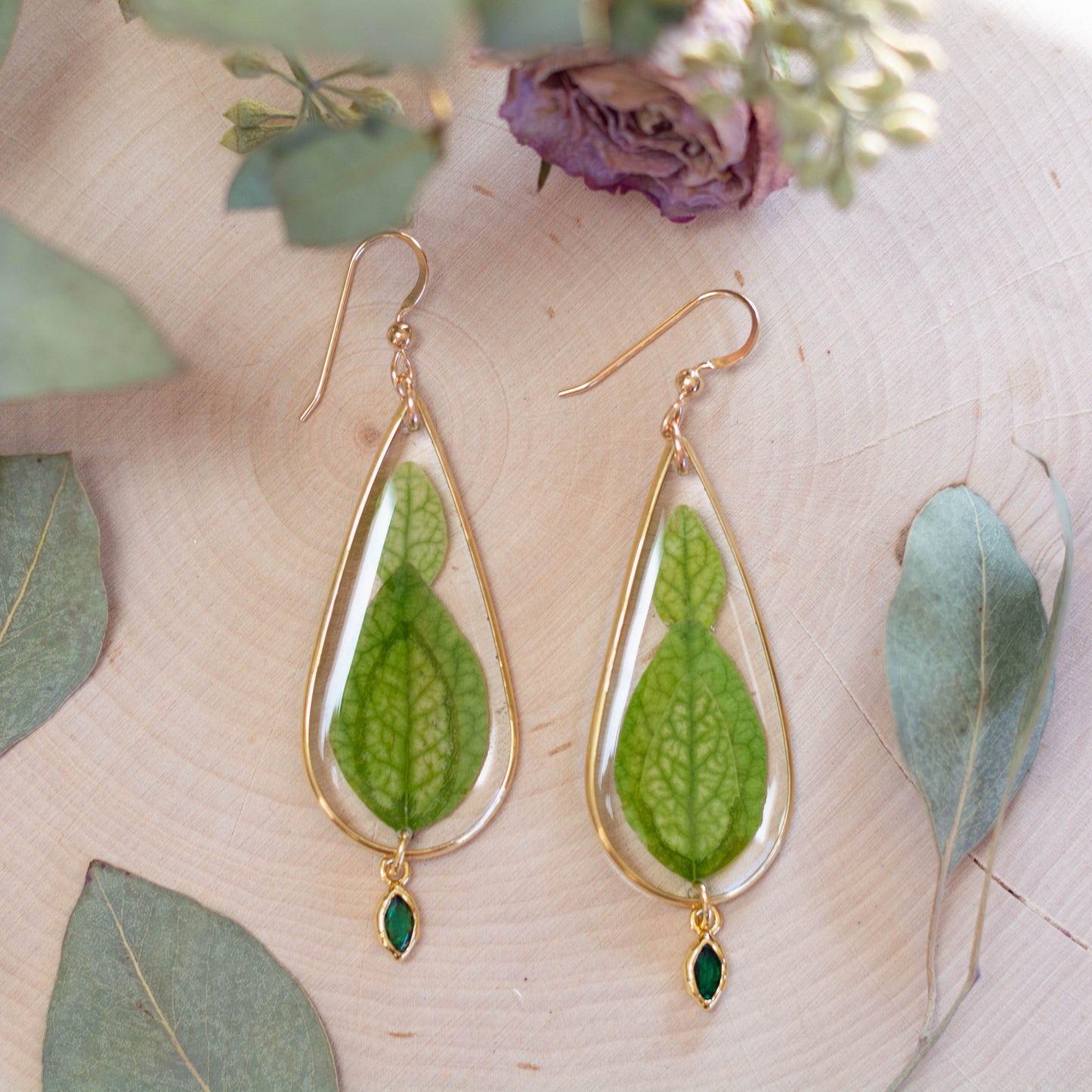 Vinca Leaf Earrings with Beads - Large