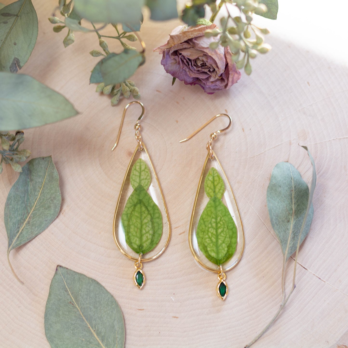 Vinca Leaf Earrings with Beads - Large