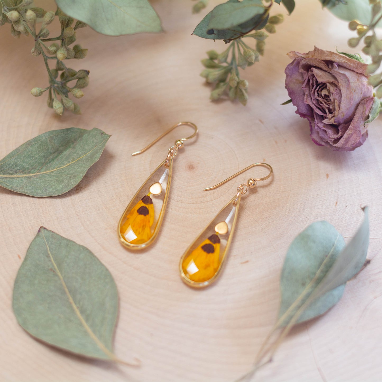 Golden Crownbeard Teardrop Earrings