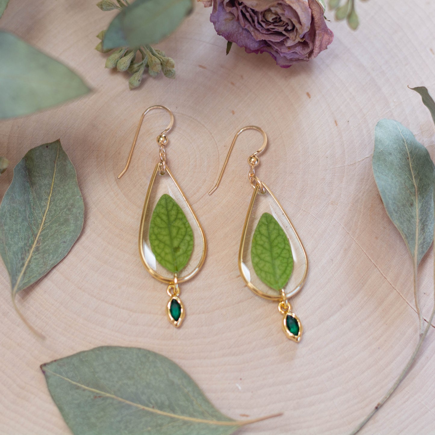 Vinca Leaf Earrings with Beads - Small