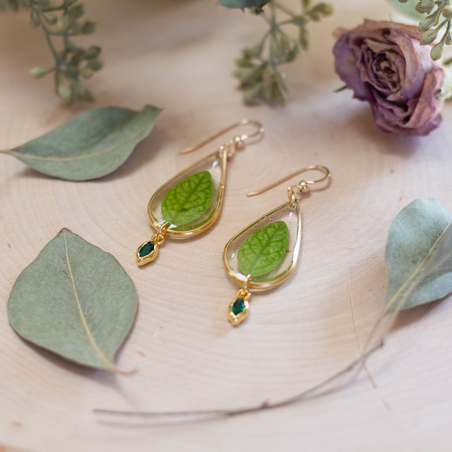 Vinca Leaf Earrings with Beads - Small