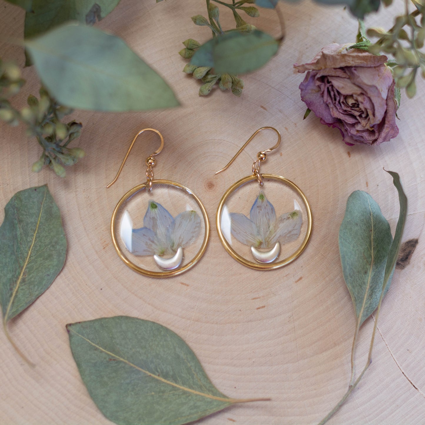 Delphinium & Moon Earrings