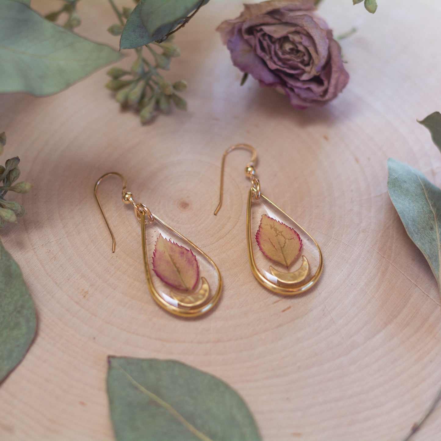 Rose Leaf & Moon Earrings