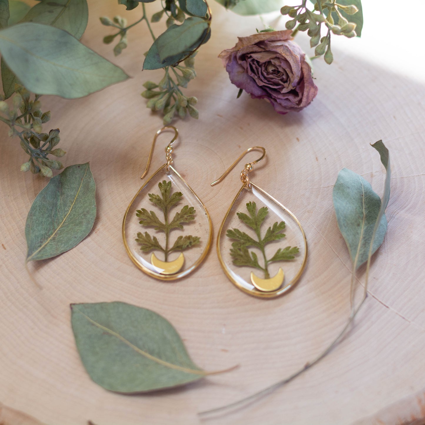 Tansy Mustard Leaf & Moon Earrings