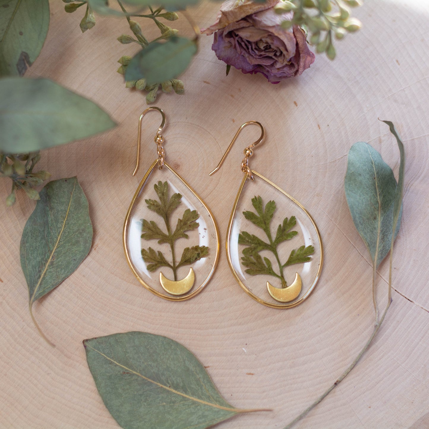 Tansy Mustard Leaf & Moon Earrings