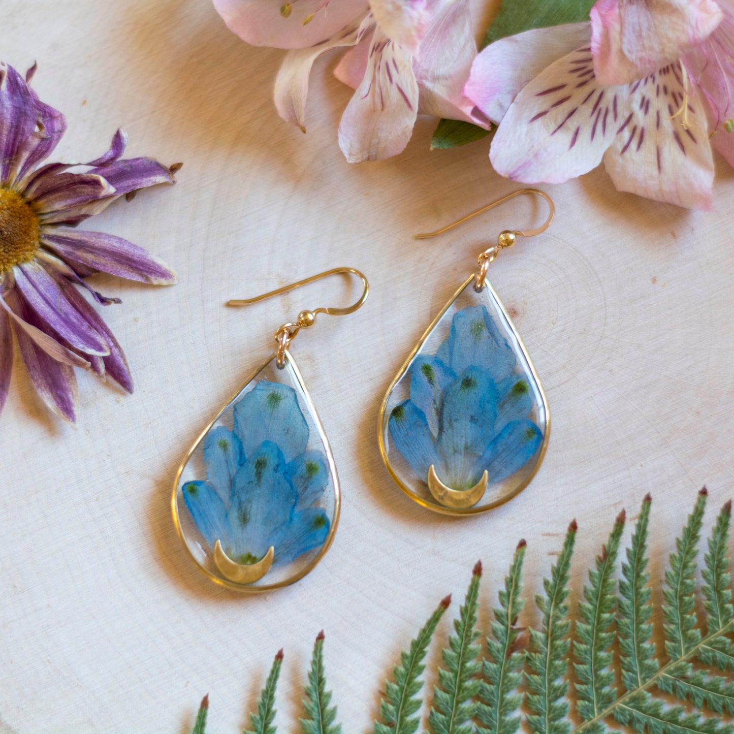 Delphinium & Moon Earrings - Gold