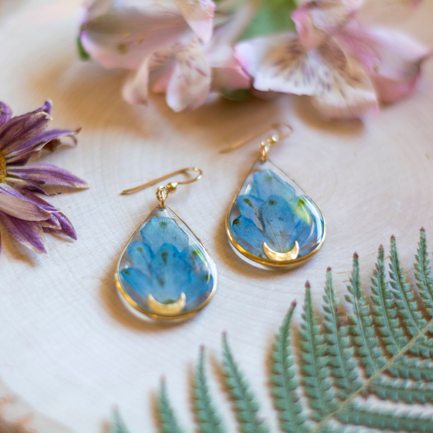 Delphinium & Moon Earrings - Gold