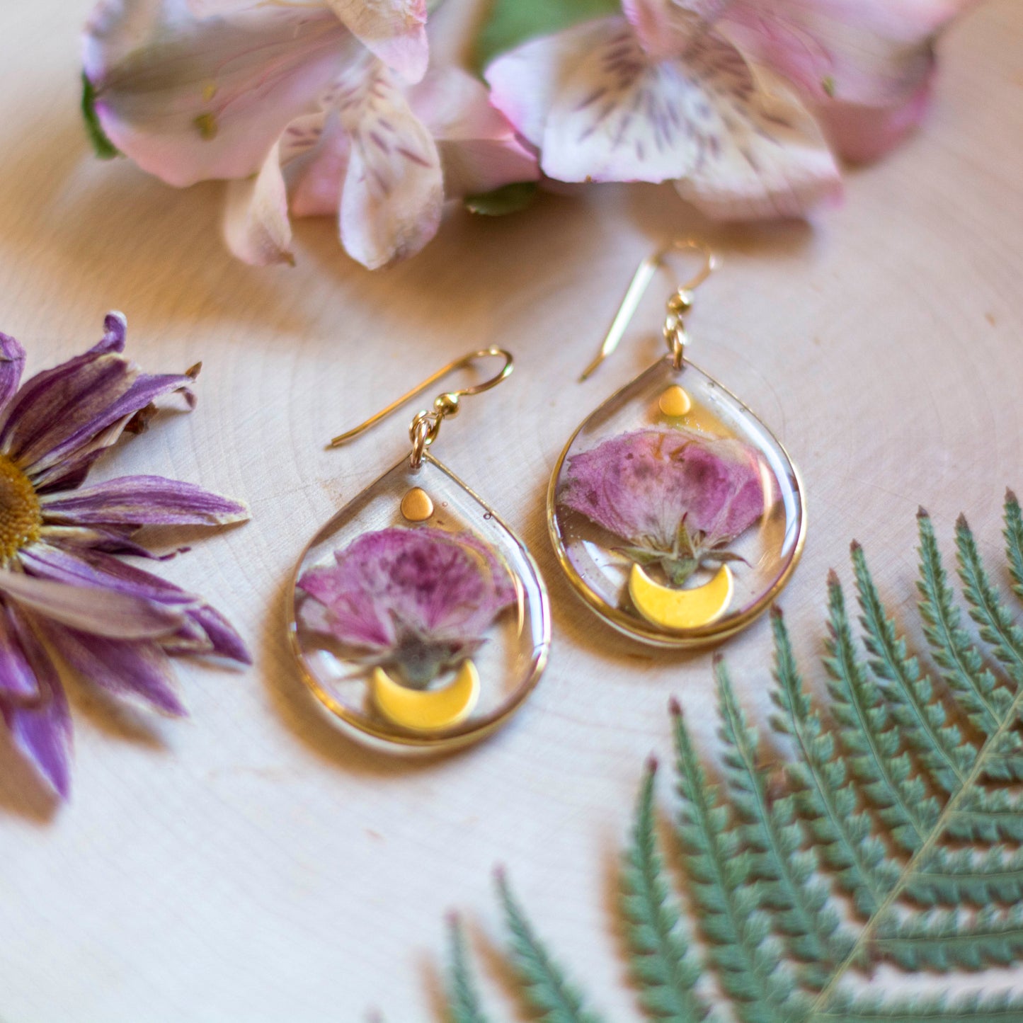 Apple Blossom & Moon Earrings - Gold