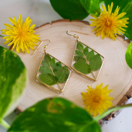 Green Leaf & Gold Stem Earrings