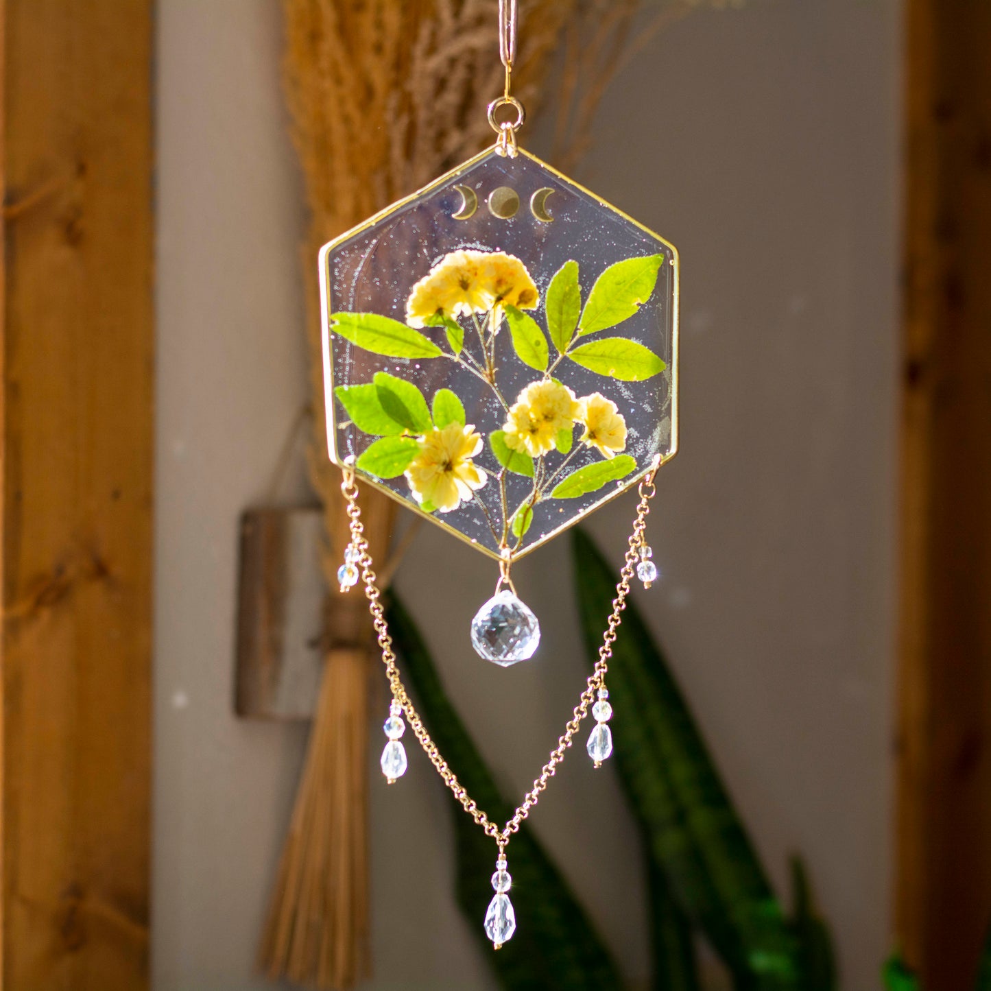 Sun Catcher - 5" Hexagon Beaded Lady Banks Rose