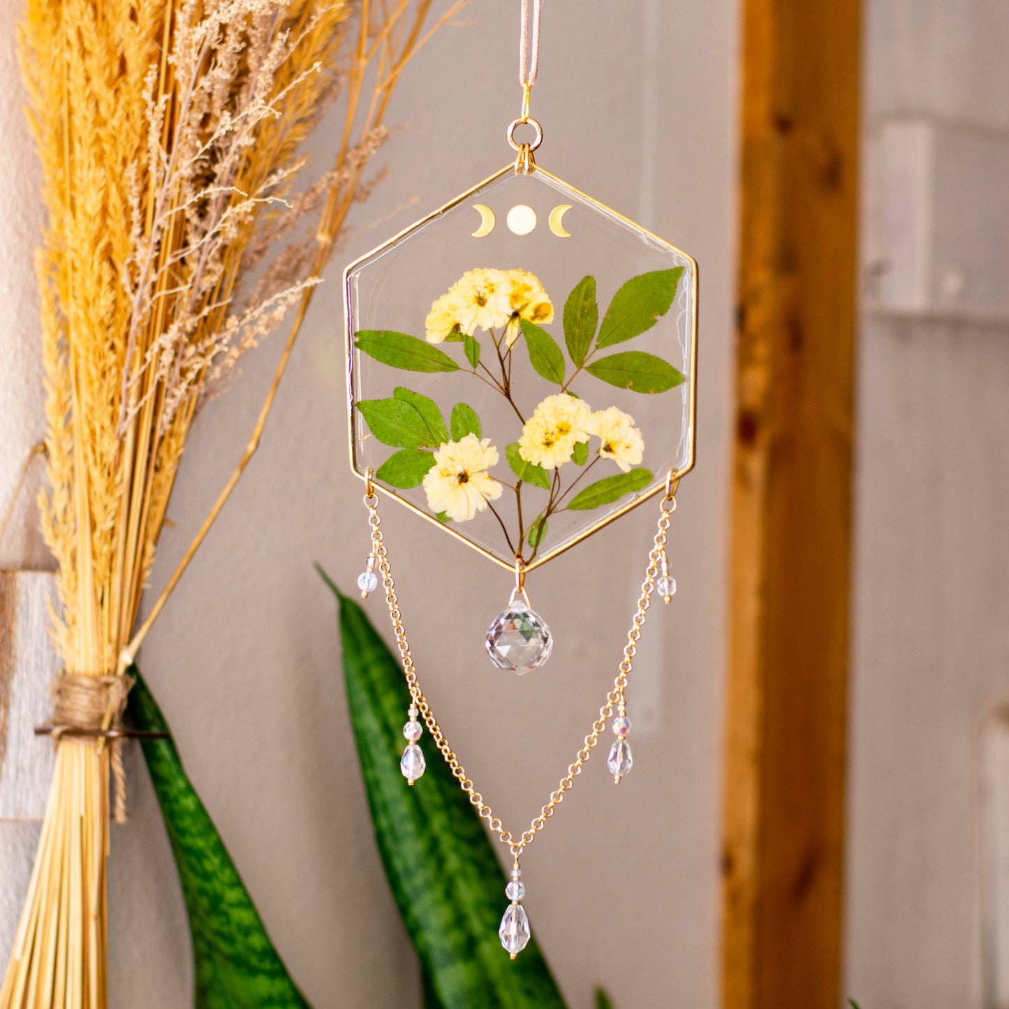 Sun Catcher - 5" Hexagon Beaded Lady Banks Rose