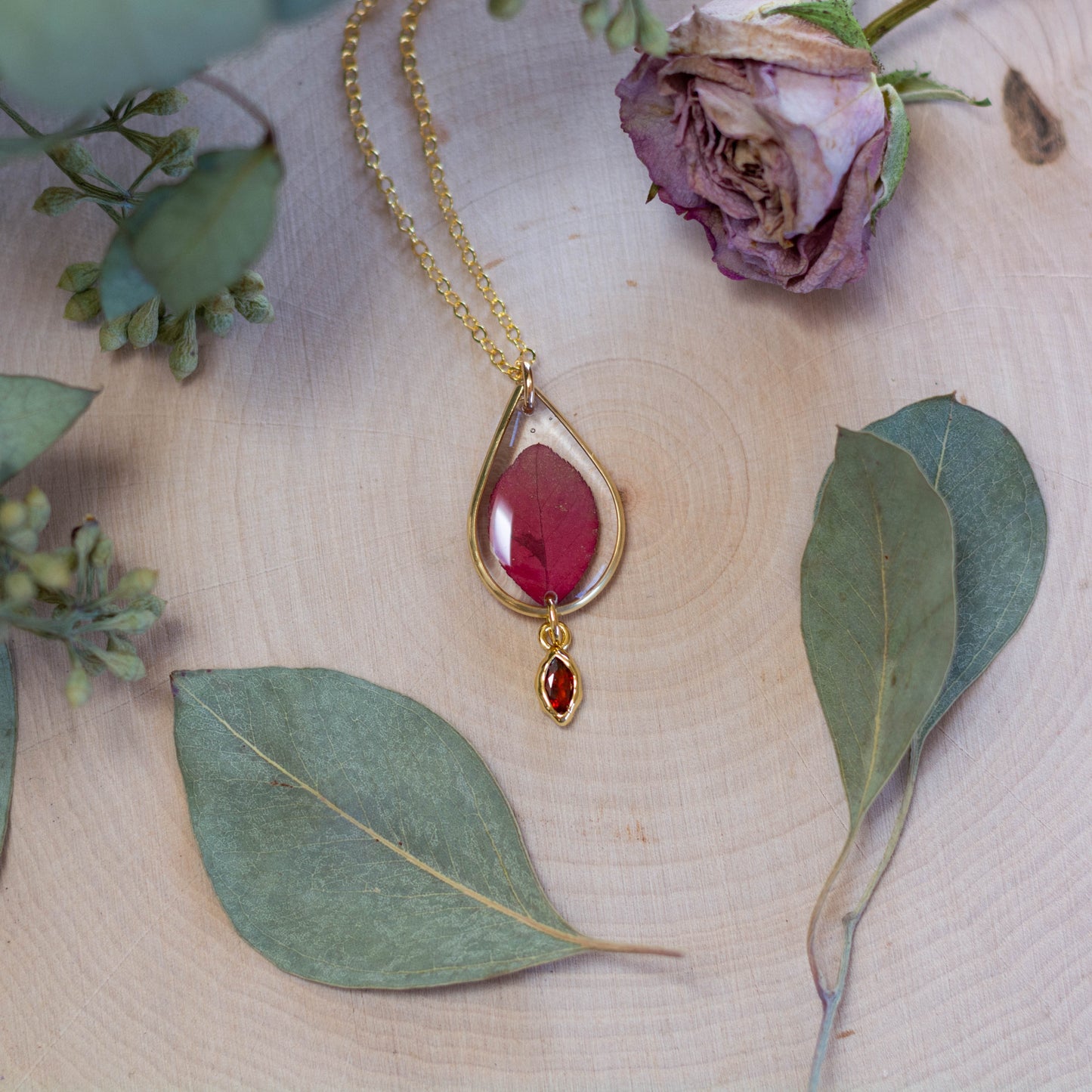 Burning Bush Leaf Necklace with Bead