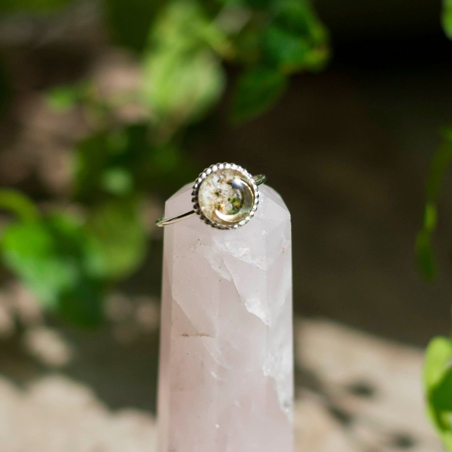 White Flowers & Moon Ring - Size 6