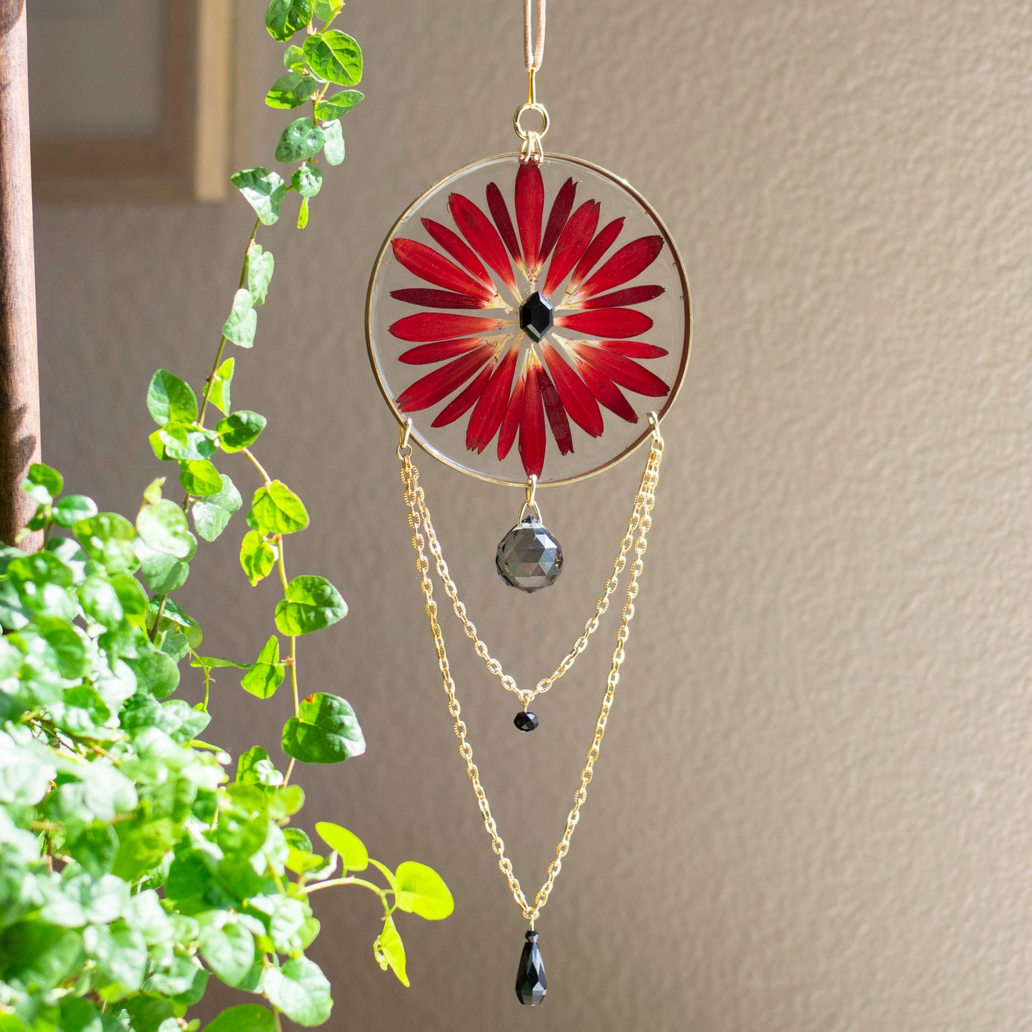 Sun Catcher - 4" Beaded Red with Onyx
