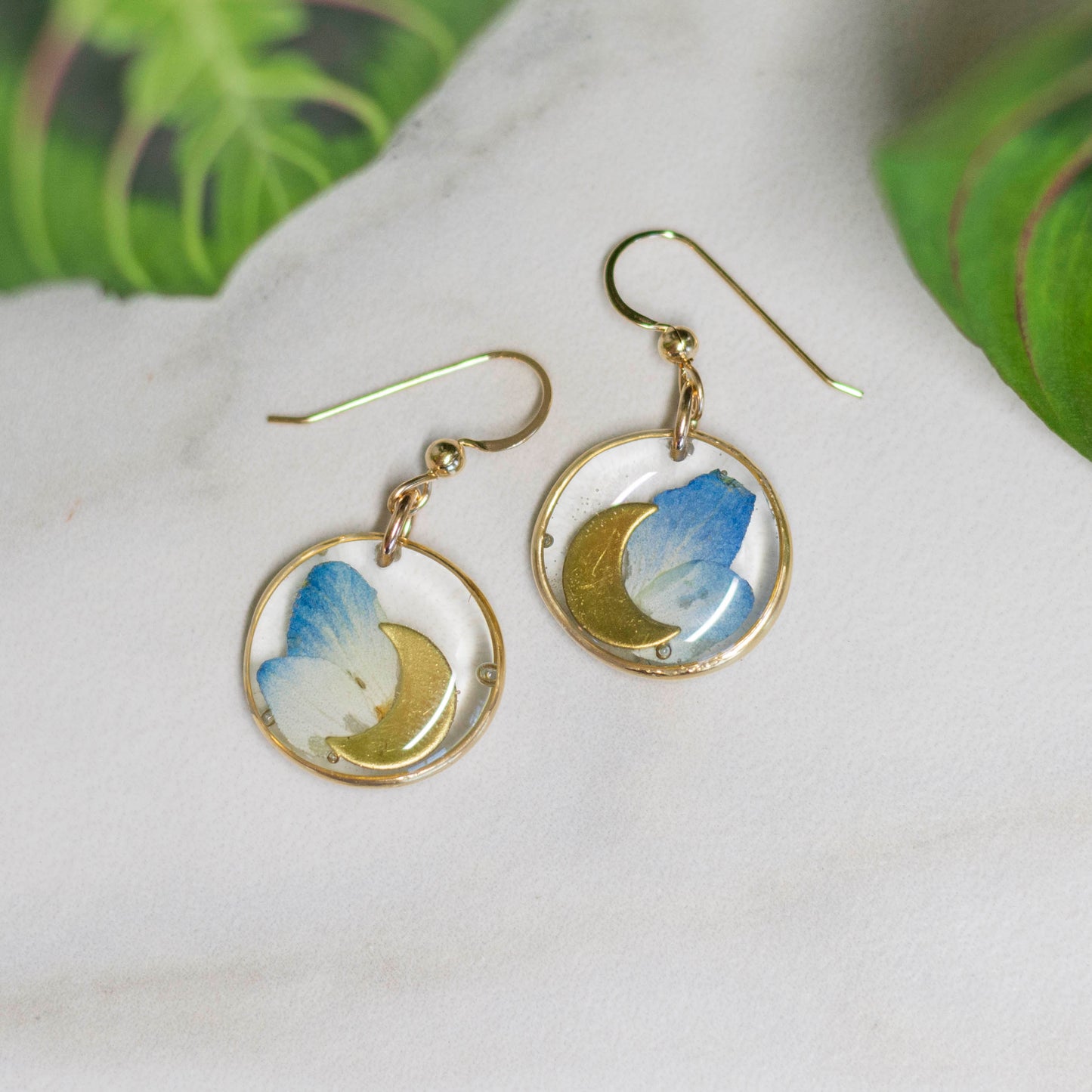 Botanical Earrings #19 - Blue Hydrangea & Moons